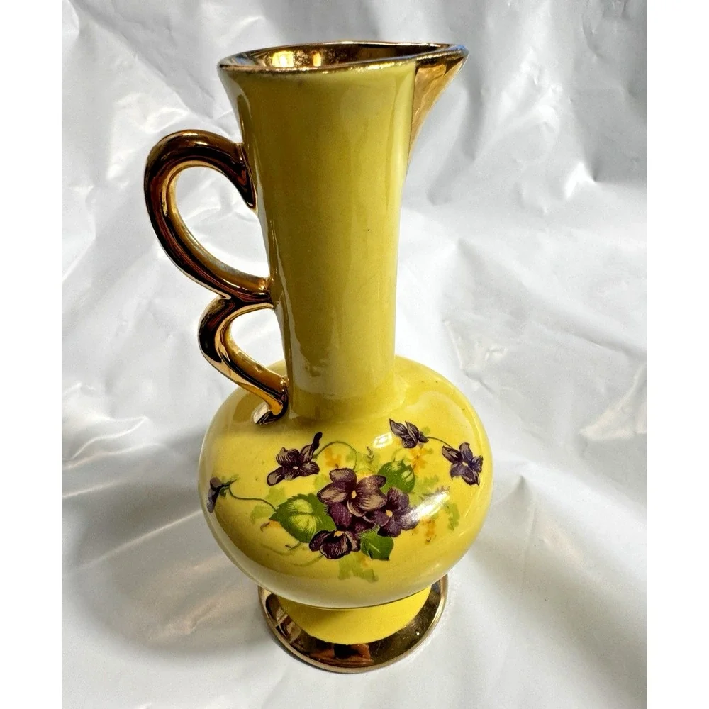 Vintage Yellow Ceramic Miniature Bud Vase Purple Violets Gold Trim 6.25in